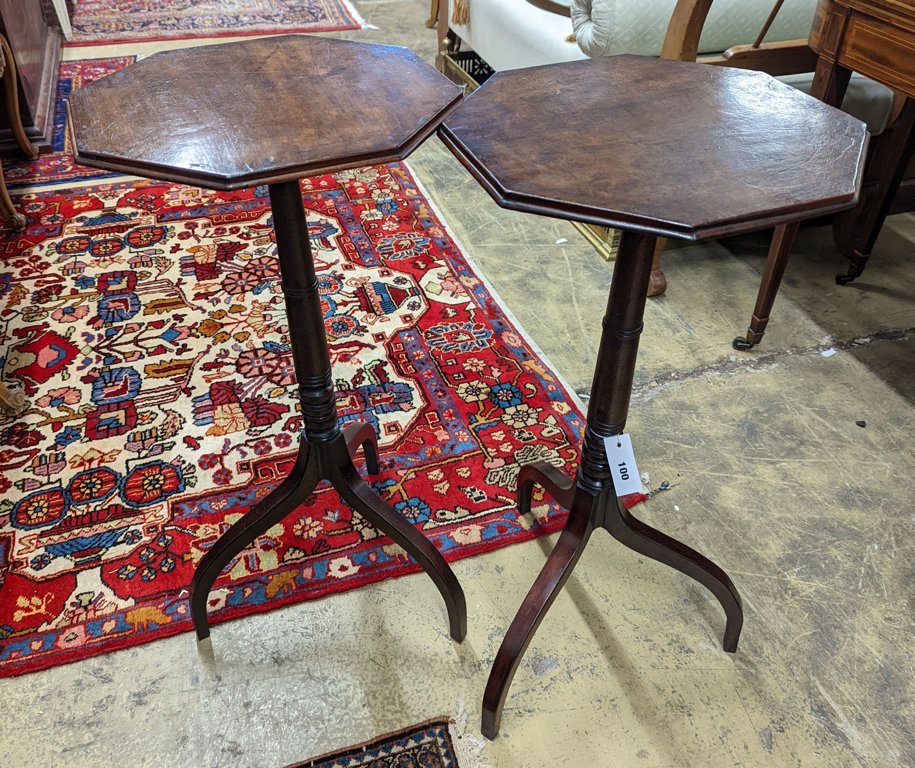 A pair of Regency style mahogany octagonal tripod wine tables, width 38cm, height 77cm